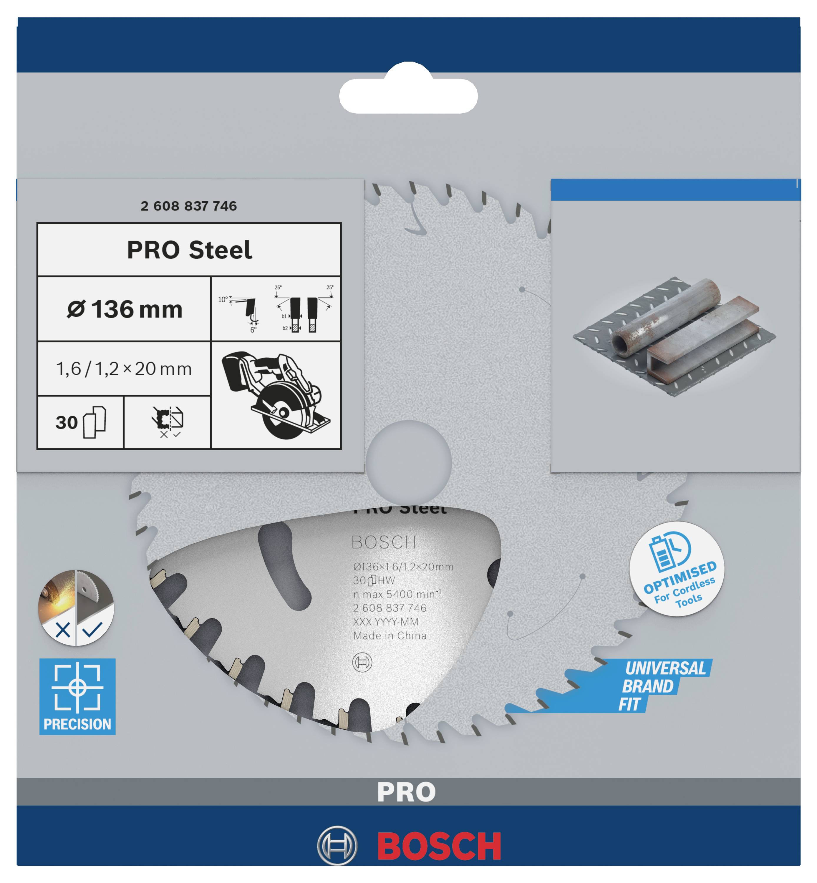 'Bosch Pro Stahl-Sägeblatt 136 mm, geeignet für Metallverarbeitung, Präzision und Schnittqualität betont, universeller Markenzuschnitt.'