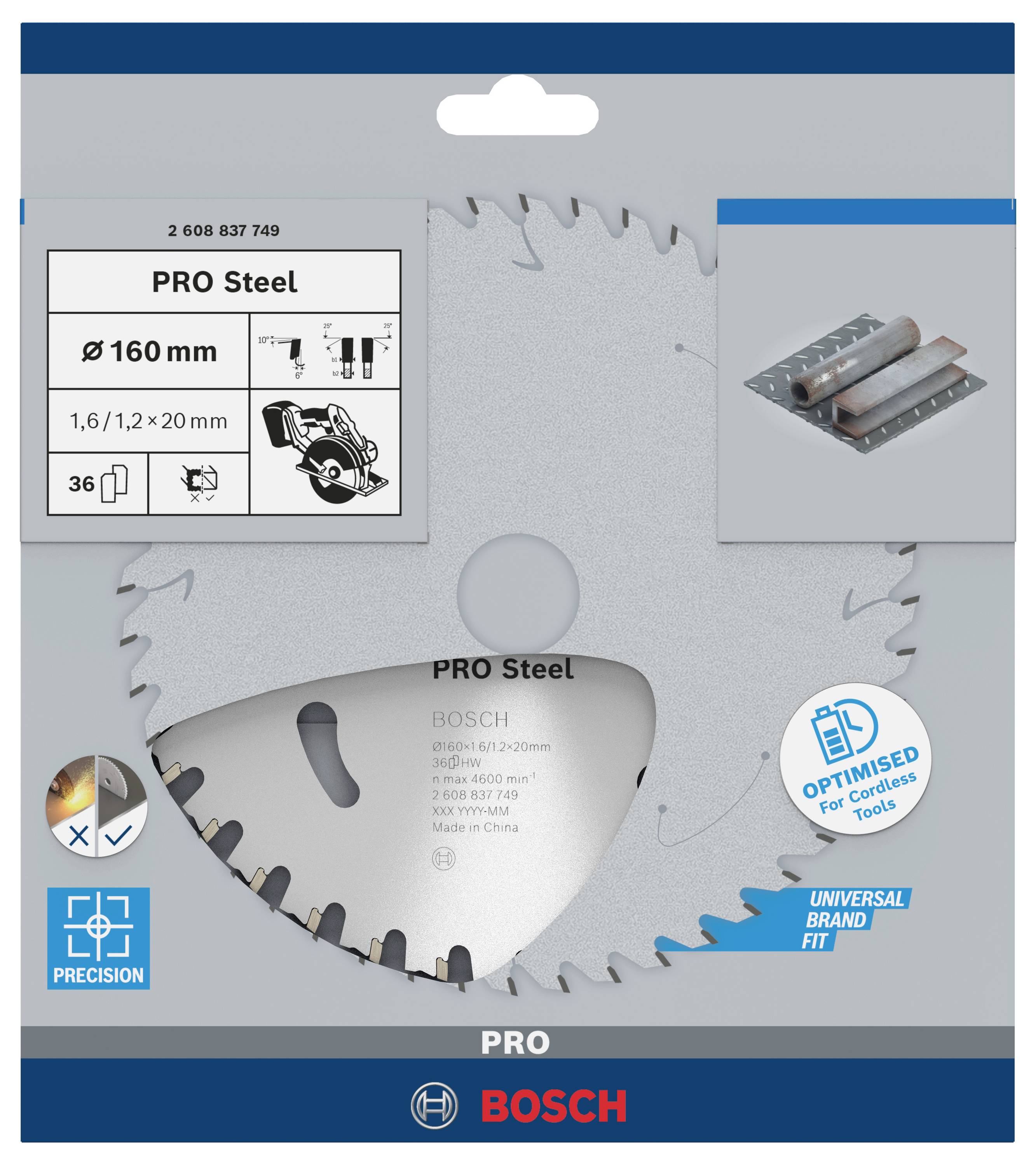 'Bosch PRO Steel' Kreissägeblatt, Ø160 mm, für kabellose Werkzeuge, universelle Passform, ideal für präzise Schnitte in Metall.