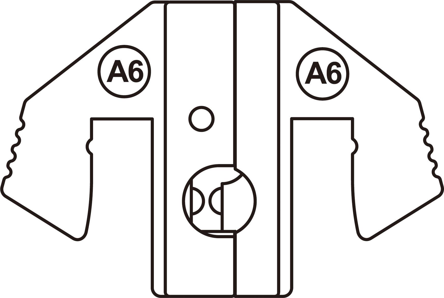 Linienzeichnung eines mechanischen Bauteils mit zwei seitlichen, symmetrischen Flügeln, markiert mit 'A6'.