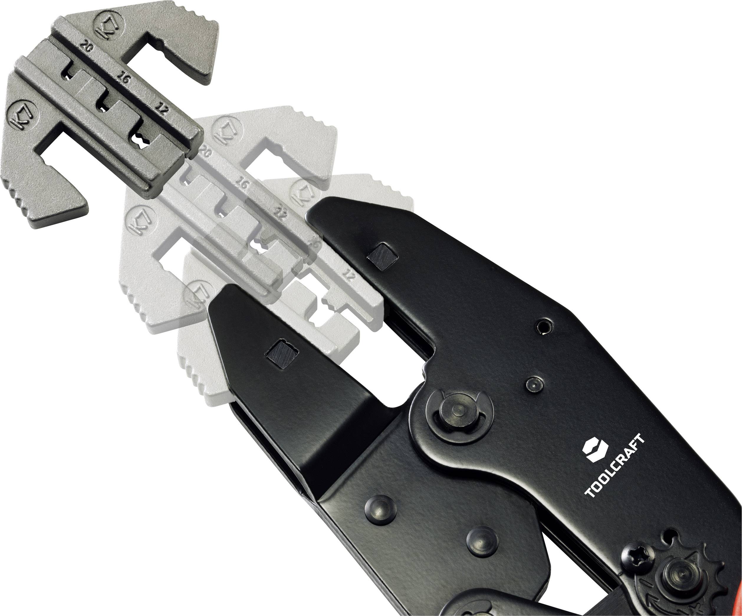 Schwarze Crimpzange der Marke TOOLCRAFT mit verstellbarem Kopf. Geeignet für unterschiedliche Kabelgrößen.