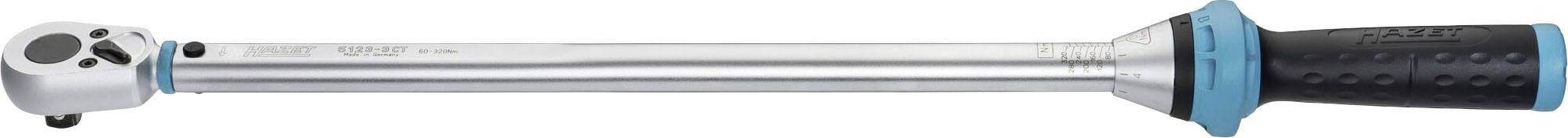 Ein Drehmomentschlüssel mit langem Griff, silbernem Schaft und schwarzem, rutschfestem Griff mit blauen Akzenten, horizontal ausgerichtet.
