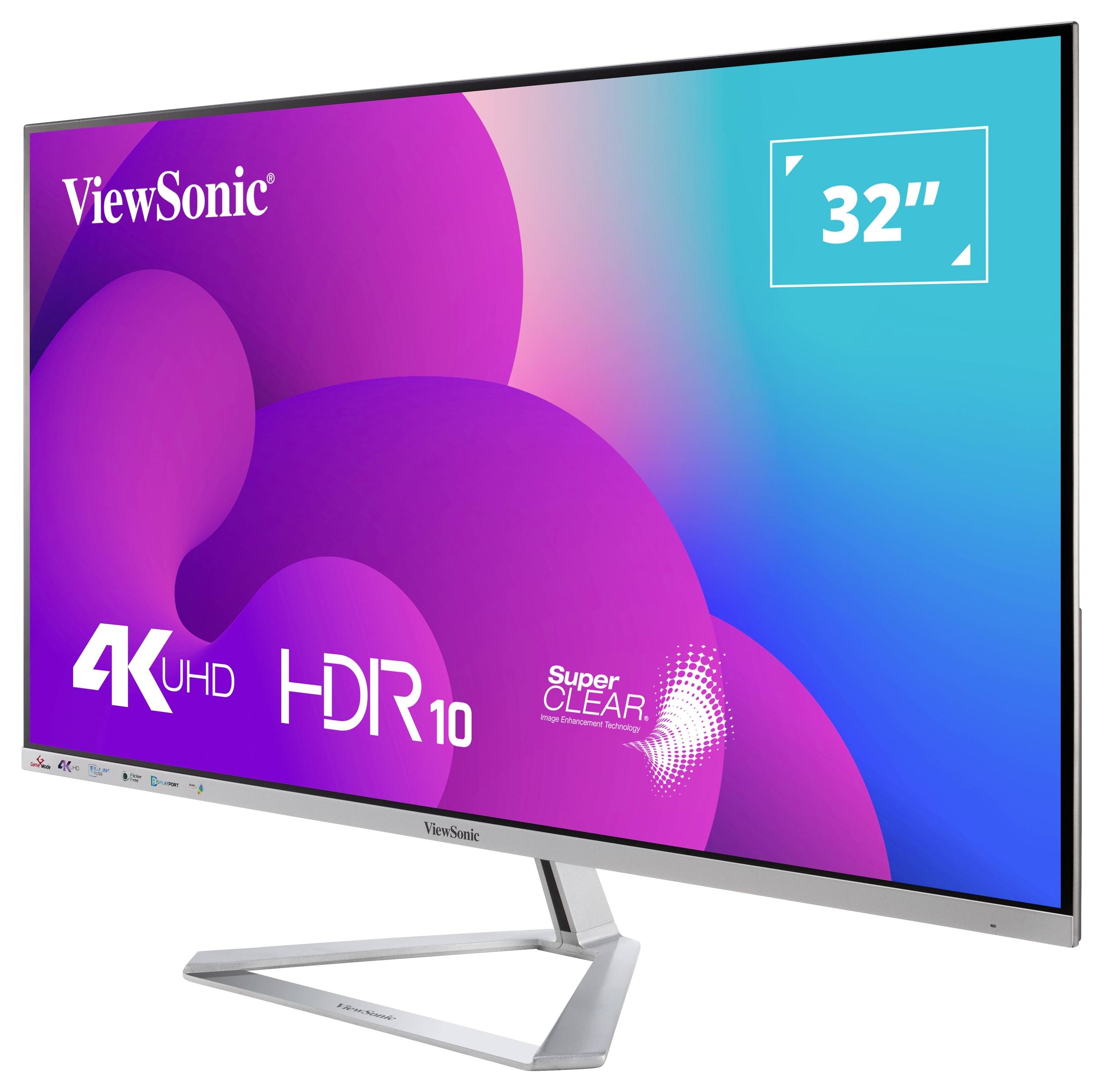 32-Zoll-ViewSonic-Monitor mit 4K-UHD-Auflösung und HDR10-Technologie. Bildschirm zeigt Logo und Spezifikationen in leuchtenden Farben.