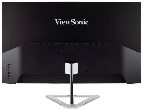 Ein Monitor von ViewSonic, Rückansicht, zeigt den schlichten schwarzen Aufbau mit schmalem Ständer und sichtbaren Anschlüssen auf der linken Seite.
