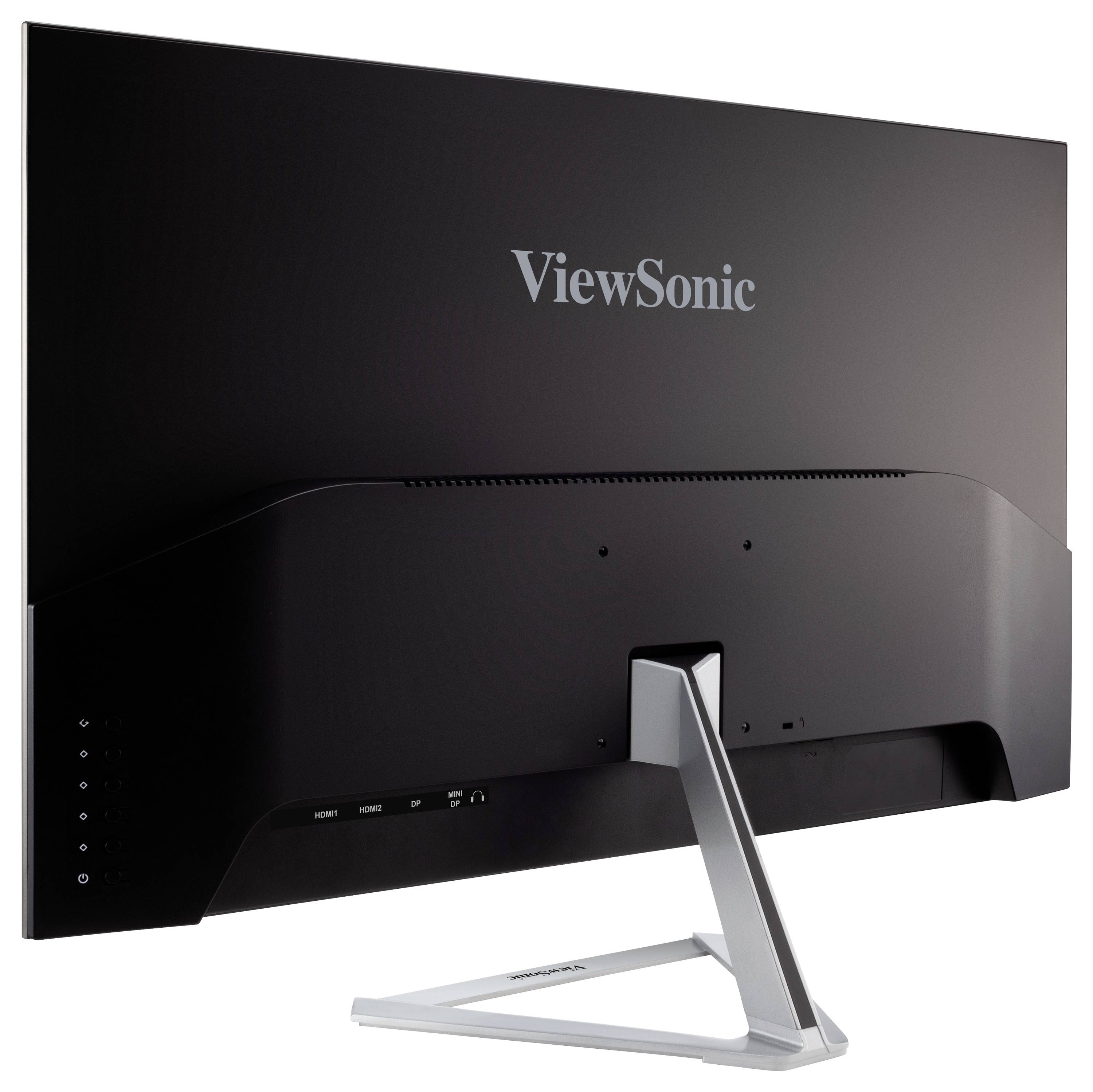 Ein moderner Monitor von ViewSonic mit schlankem Design, schwarzem Rahmen und einem stabilen, silbernen Standfuß, von hinten gesehen.