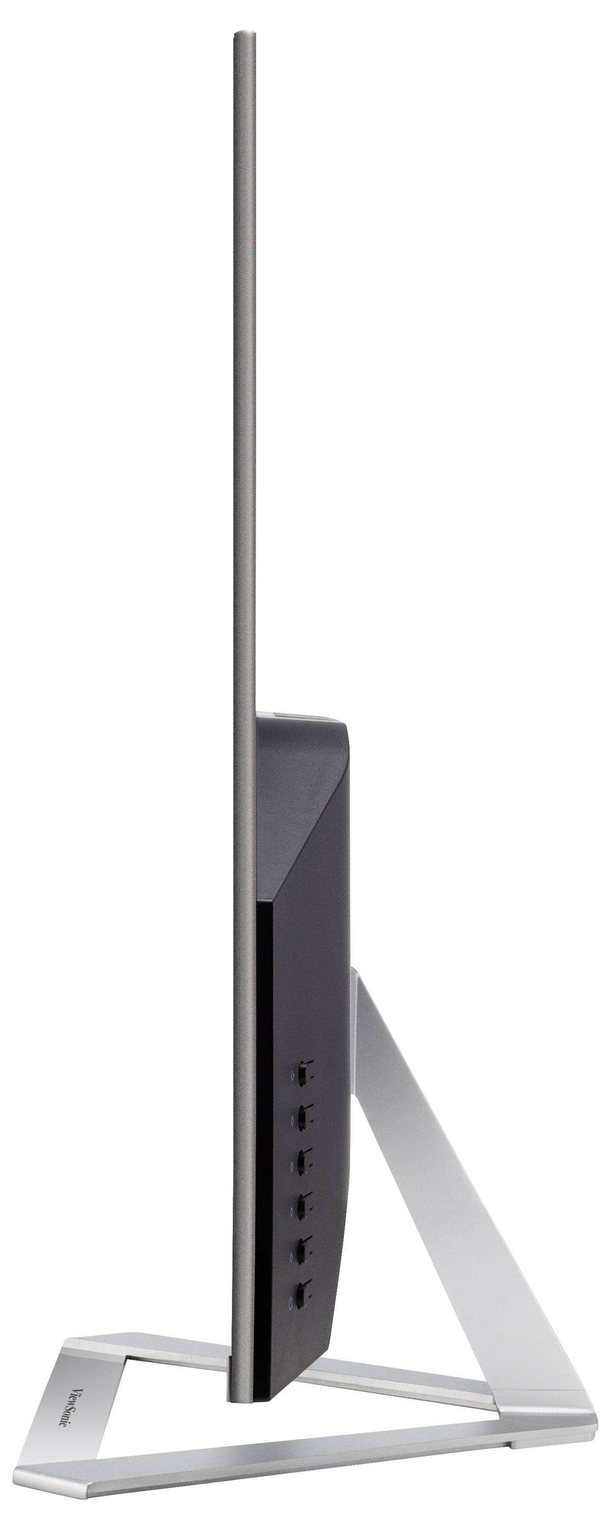 Ein ultraflacher, seitlicher Blick auf einen modernen Monitor auf einem metallenen Dreieckfuß zeigt minimalistische Bauweise.