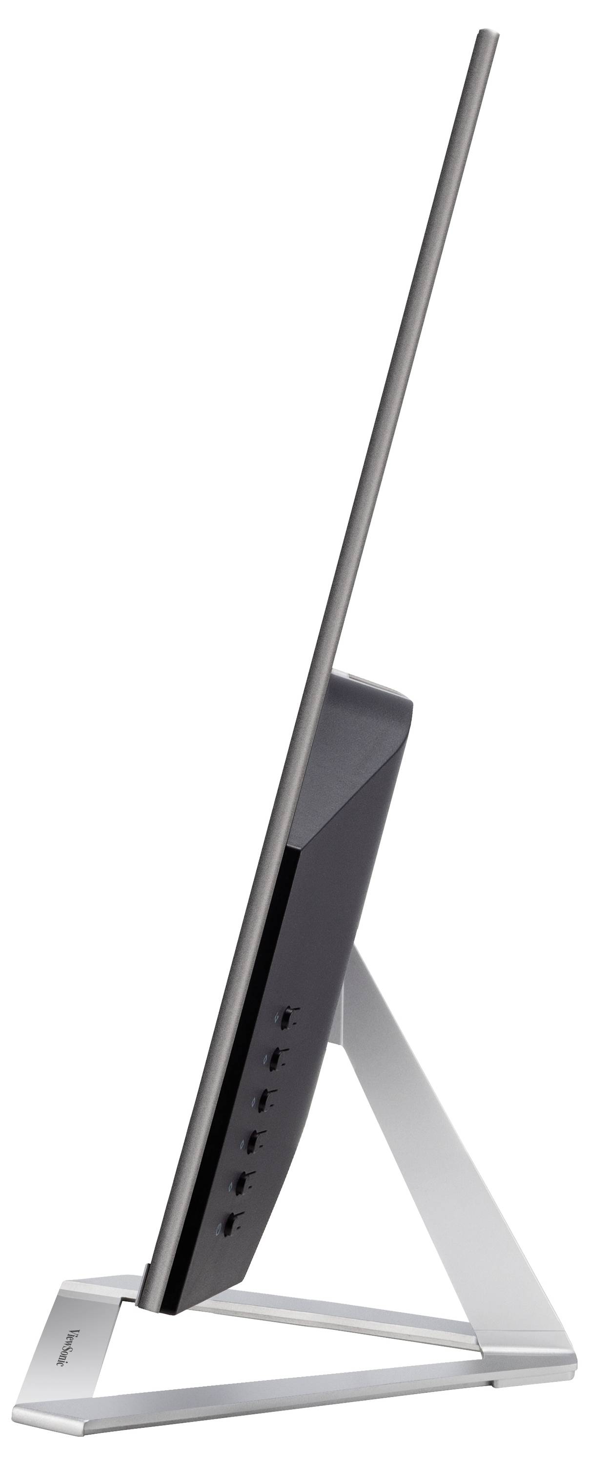 Seitenansicht eines ultradünnen Monitors auf einem schräg gestellten Standfuß mit mehreren Anschlüssen an der Rückseite.