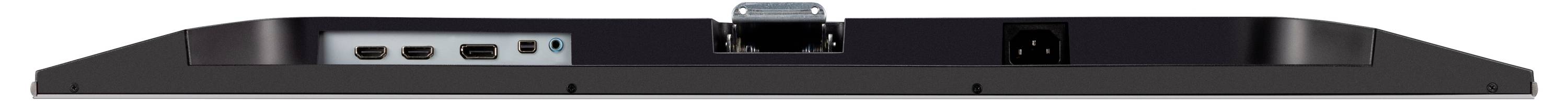 Rückansicht eines Monitors mit verschiedenen Anschlüssen, darunter HDMI-, Netz- und USB-Ports.