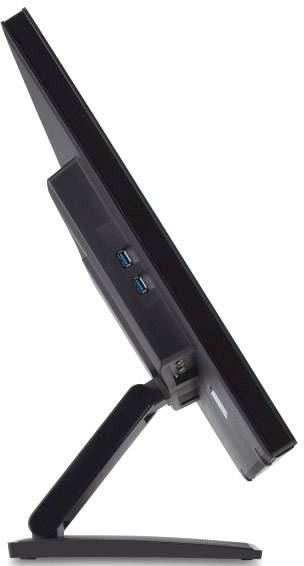 Ein schwarzer Computermonitor im Seitenprofil gezeigt, mit USB-Anschlüssen an der Rückseite und einem schlanken Standfuß.