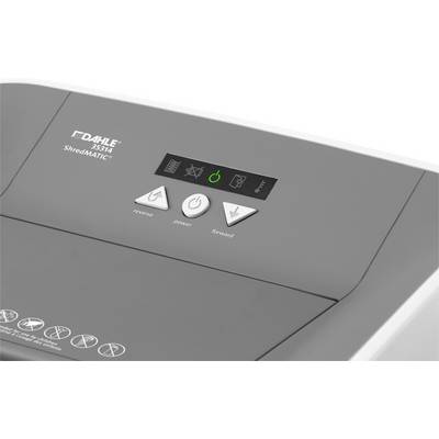 Ein grauer Aktenvernichter mit Display zeigt Symbole für 'Power', 'Vorwärts', und 'Rückwärts'.