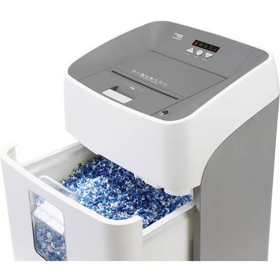 Aktenvernichter mit herausgezogenem Behälter, gefüllt mit blauen Papierschnipseln. Elektronisches Bedienfeld oben sichtbar.