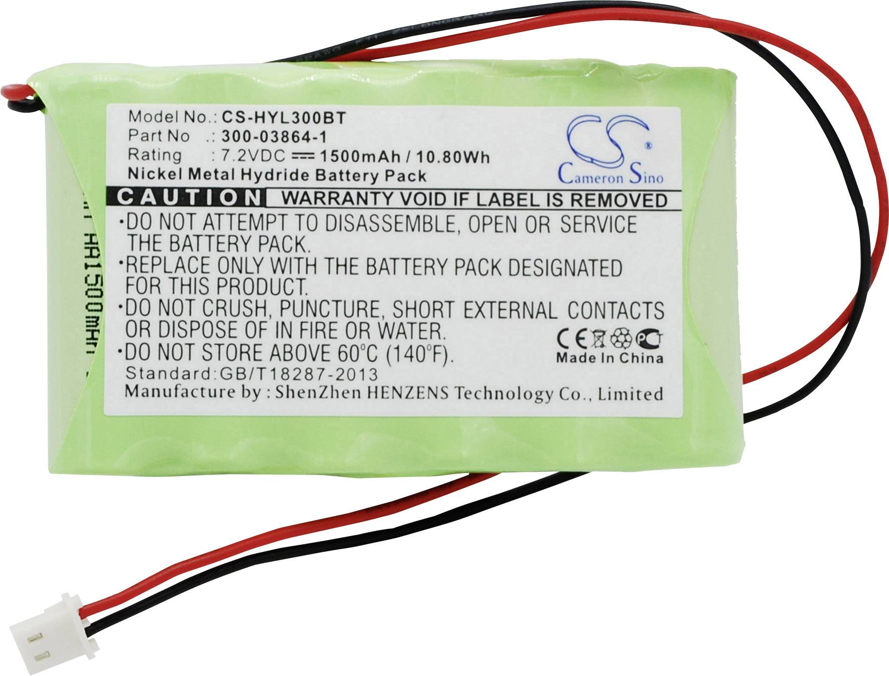 Grüner Nickel-Metallhydrid-Akku mit Warnhinweisen. Spannung: 7,2V, Kapazität: 1500mAh, Leistung: 10,80Wh. Hersteller: Shenzhen Henzens Technology Co., Limited.