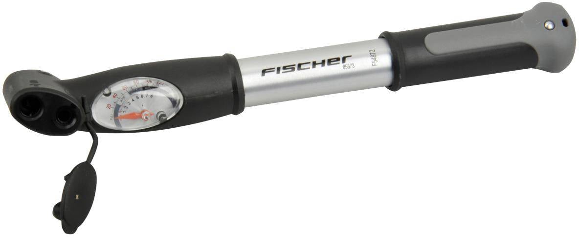 Eine silberne und schwarze Fahrradpumpe mit Manometeranzeige und Klappdeckel.