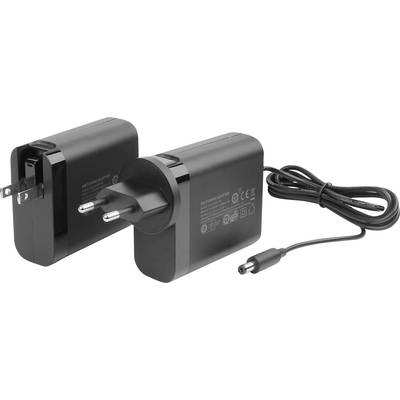 Zwei schwarze Netzteile mit europäischen Steckern und abnehmbarem Kabel. Eines liegt flach, das andere steht, Rückseite mit Symbolen sichtbar.