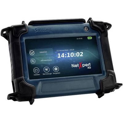 Ein tragbares Netzwerktestgerät mit Touchscreen, das Datum, Uhrzeit und Optionen für Kabeltest, Netzwerktests, Dateien und Werkzeuge anzeigt.