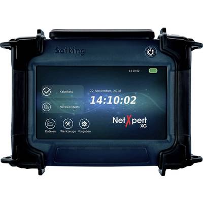 Ein tragbares Gerät zur Netzwerktestung zeigt ein Display mit Zeitangabe 14:10:02 und Menüoptionen wie Kabeltest und Netzwerktests.