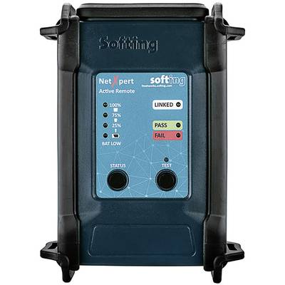 Ein NetXpert Active Remote von Softing mit Statusanzeige für 'Linked', 'Pass' und 'Fail'. Prozentskala zeigt Batteriestand an.
