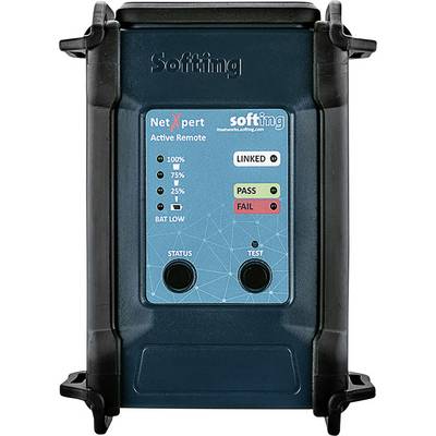 Netzwerktestgerät mit Markennamen oben auf dem Gehäuse. Zeigt 'NetXpert Active Remote' an. LEDs für Status- und Batterieanzeige.