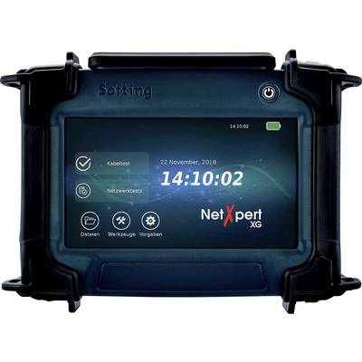Ein NetXpert XG Netzwerk-Tester von Softing mit einem Bildschirm, das Datum und Uhrzeit zeigt, umgeben von verschiedenen Funktionssymbolen.