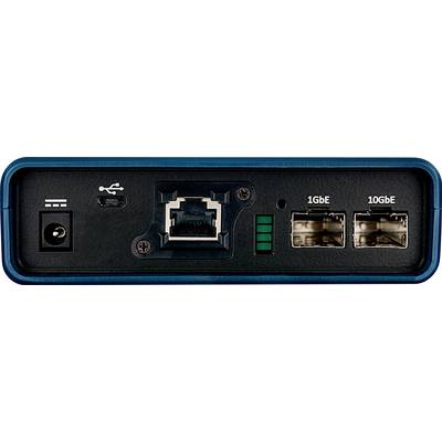 Rückseite eines Netzwerkgeräts mit Netzteilanschluss, USB-C, Ethernet-Port und zwei Glasfaseranschlüssen, beschriftet mit '1GbE' und '10GbE'.