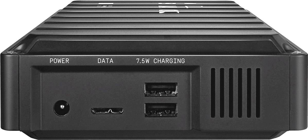 Rückseite eines Geräts mit Anschlüssen: Netzteilanschluss links, Micro-USB-Steckplatz, zwei USB-Anschlüsse für Daten und 7,5 W Ladung.