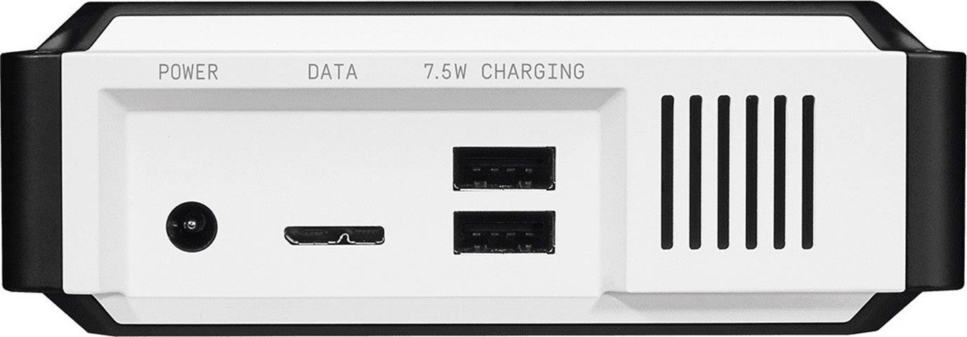 Die Rückseite eines elektronischen Geräts mit Anschlüssen: 'Power', 'Data', '7.5W Charging'. Zwei USB- und ein HDMI-Port sind sichtbar.