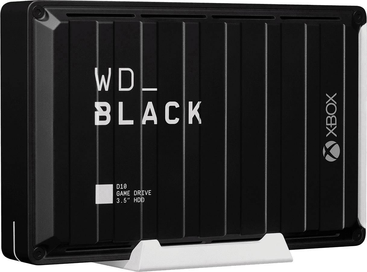 Externe Festplatte von WD_BLACK für Xbox, Modell D10 Game Drive, in schwarzem Design mit weißen Akzenten und Xbox-Logo.
