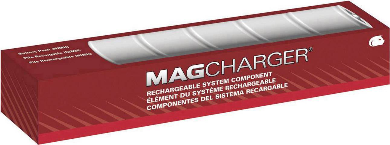 Rote Verpackung mit der Aufschrift 'MAGCHARGER'. Enthält ein wiederaufladbares Batteriesystem. Mehrsprachige Produktdetails.