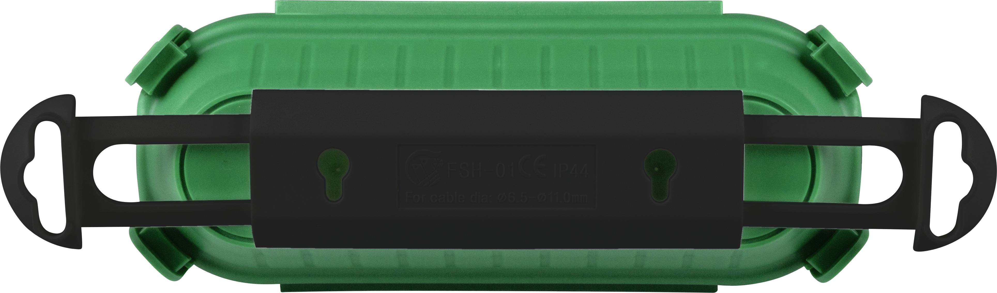 Ein grüner, rechteckiger Behälter mit einem schwarzen, horizontalen Band, das über den Deckel gespannt ist.