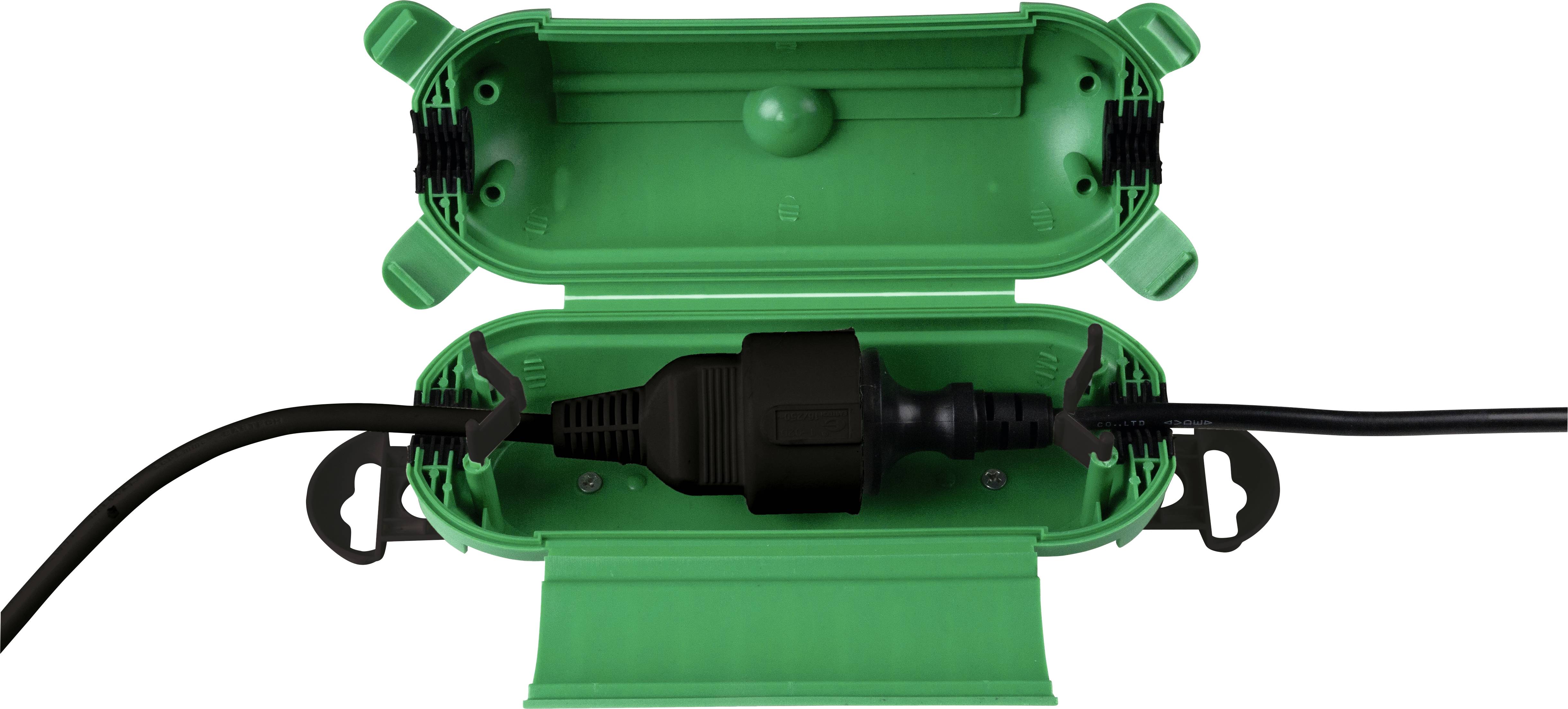Eine grüne Kabelschutzbox mit eingesetztem schwarzen Stromkabel. Die Box schützt Steckverbindungen vor Wasser und Schmutz.