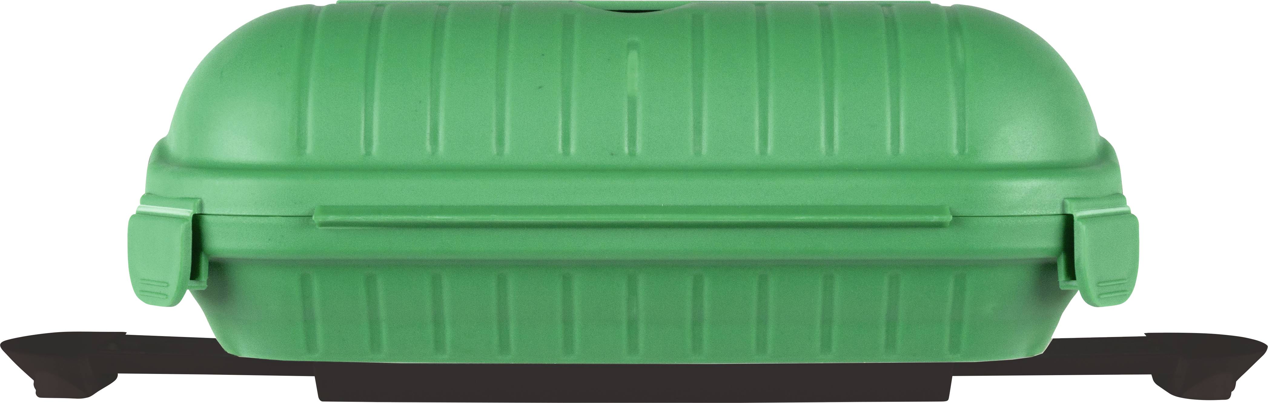 Grüner Plastikkoffer mit Tragegriff und seitlichen Verschlüssen, geschlossen auf einer schwarzen Unterlage.