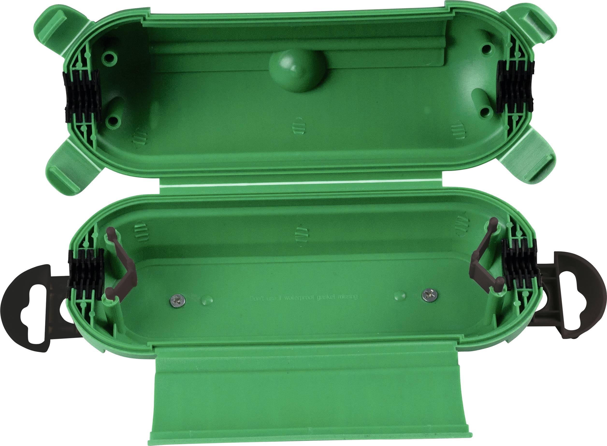 Grüne, offene Kabelmuffe aus Kunststoff, geeignet zur Verbindung und Isolierung von Kabeln in feuchten Umgebungen.