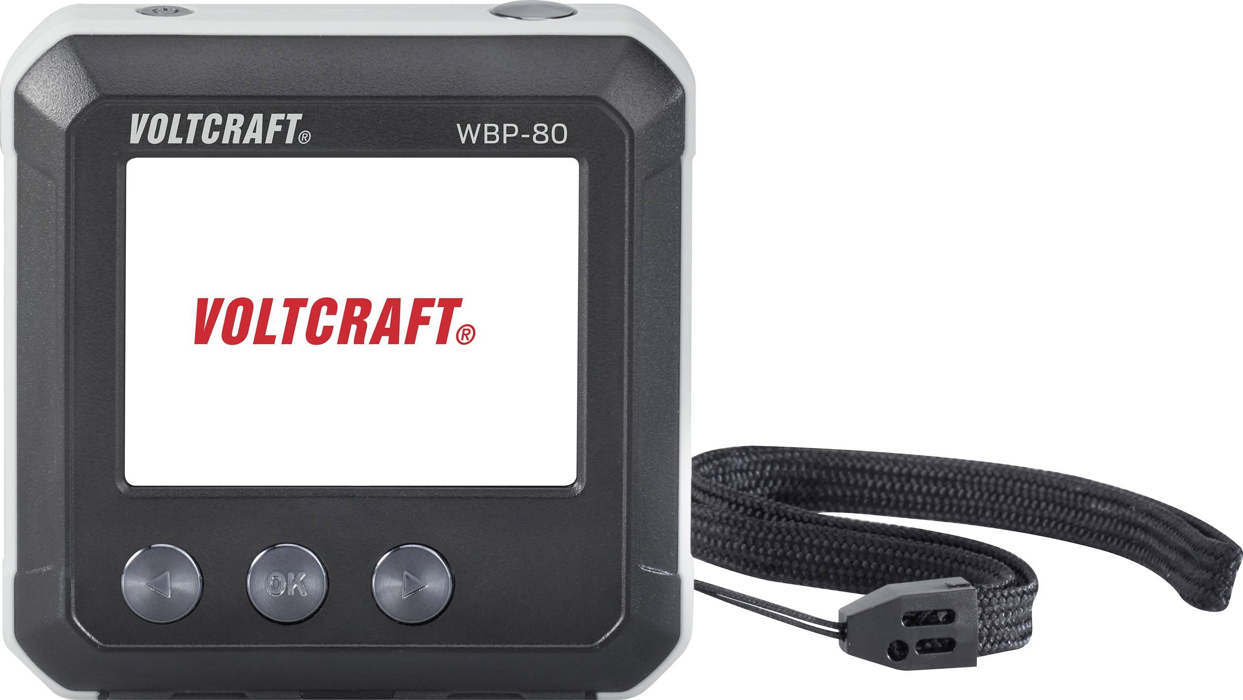 Ein digitales Gerät namens 'VOLTCARFT WBP-80' mit drei Tasten und einem Display, auf dem 'VOLTCARFT' angezeigt wird. Es hat eine Handschlaufe.