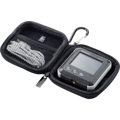 Schwarzes Etui mit Reißverschluss, darin ein digitales Messgerät mit Display und Tasten sowie ein Netz in dem sich ein USB-Kabel befindet.