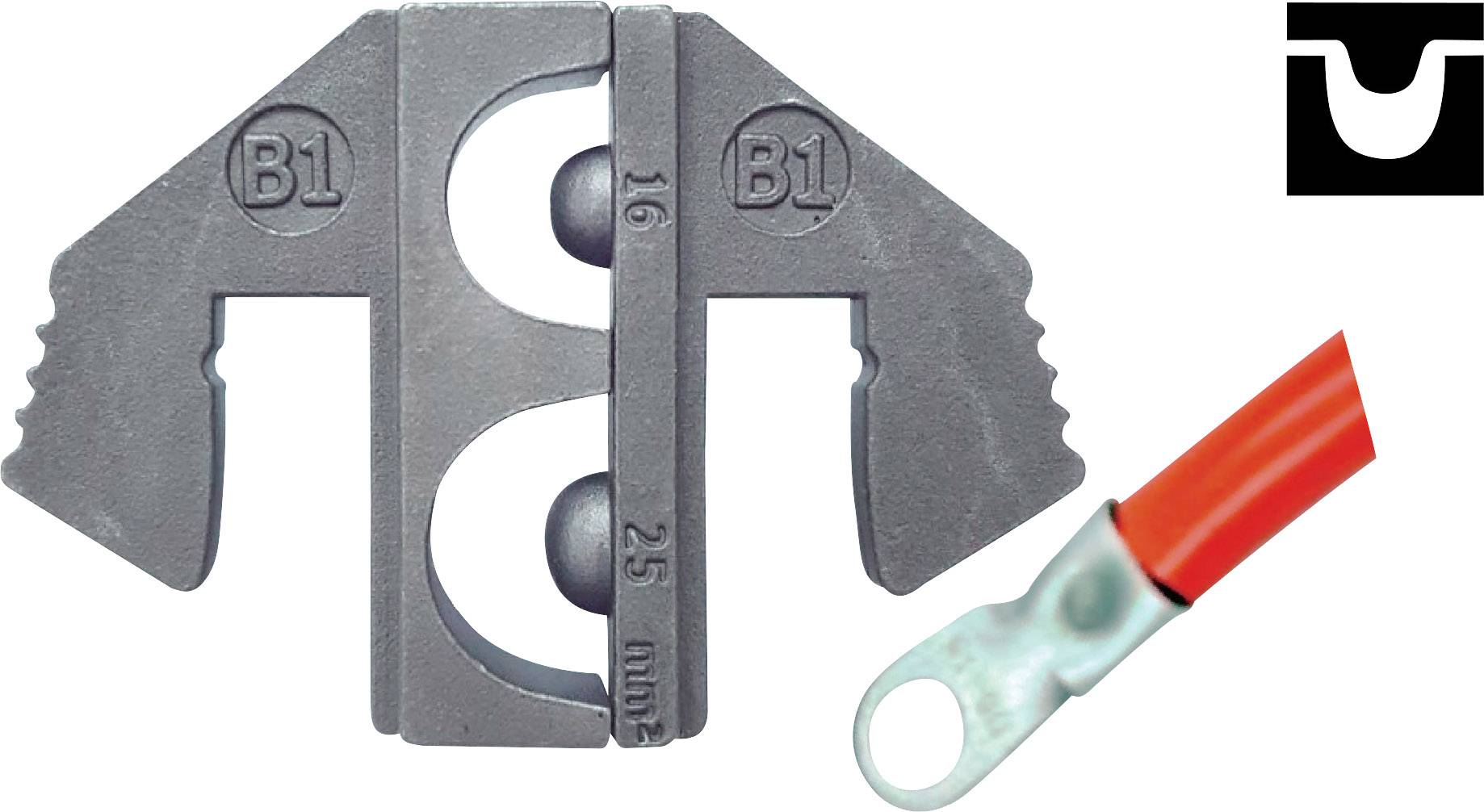 Ein graues Werkzeug zur Kabelbearbeitung und ein roter Kabelschuh, geeignet für Kabelgrößen von 16 bis 25 mm², mit einem Markenlogo oben rechts.
