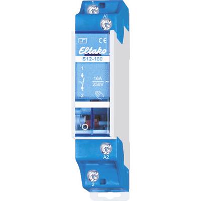 'Blauer Elektrischer Schalter von Eltako, Modell S12-100, 16A 250V. Zeigt Anschlussklemmen und elektrische Spezifikationen.'