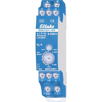 Blaues Eltako-Dimmermodul, Modell SDS12/1-10V, für Lichtsteuerung; mehrere Schraubanschlüsse und Einstellknopf sichtbar.