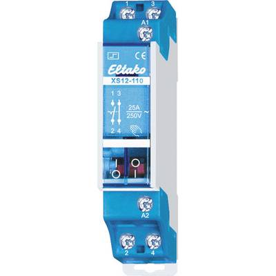 Eltako Relais XS12-110, blau und silber, 25A 250V, mit mehreren Anschlussklemmen oben und unten, für elektrische Installationen.