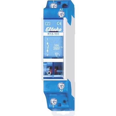 Blaues Elektroschaltrelais mit der Aufschrift 'Eltako R12-100', zeigt Anschlüsse für A1 und A2, geeignet für 16A, 250V.