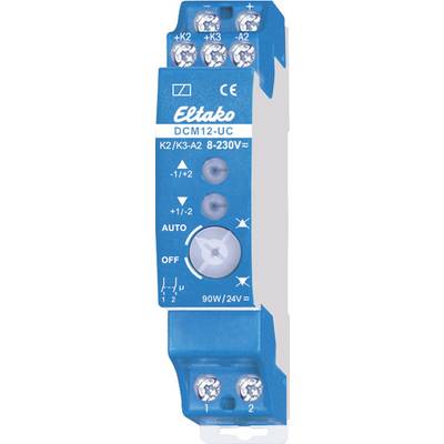 Blaues Relaismodul mit weißer Aufschrift 'Eltako DCM12-UC'. Oben Schraubklemmen, unten Drehschalter mit Positionen 'Auto' und 'Off'.