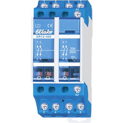 Elektronisches Relais von Eltako, Modell XR12-400, 25A, 250V. Hauptsächlich blau, mit weißen und schwarzen Details.