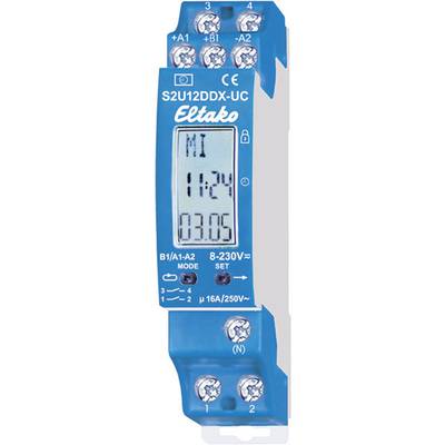 Digitaler Zeitschaltuhrschalter in einem blauen Gehäuse mit Display zeigt Datum und Uhrzeit. Markierung 'Eltako' oben.