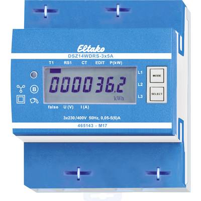 Ein blauer elektronischer Stromzähler mit der Anzeige '00036.2 kWh'. Es gibt Tasten für Einstellungen und Modi auf der Vorderseite.