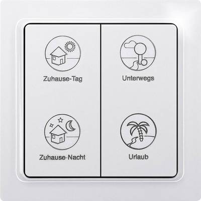 Lichtschalter mit vier Symbolen: 'Zuhause-Tag', 'Unterwegs', 'Zuhause-Nacht' und 'Urlaub', zeigt verschiedene Lichtmodi an.