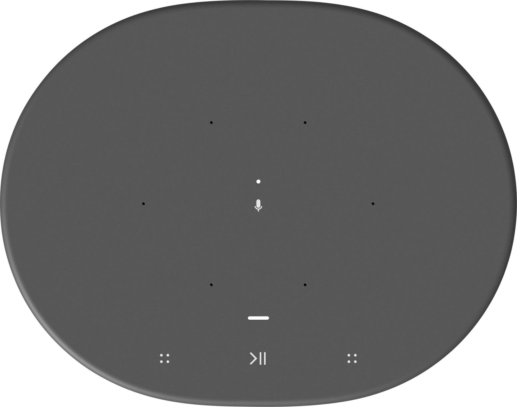 Ein schwarzer smart Lautsprecher mit Touch-Bedienfeld zeigt Symbole für Mikrofon, Lautstärkeregelung und Wiedergabesteuerung.