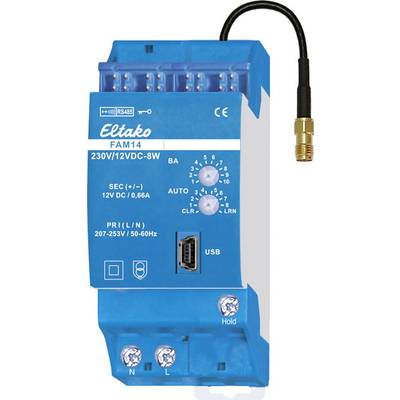 Ein blaues Eltako-FAM14-Gerät für 230V/12VDC-8W mit USB-Anschluss und Antenne. Zeigt Konfigurationsregler und Statusanzeigen.