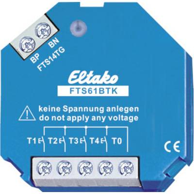 Blauer Eltako FTS61BTK Schalter mit Anschlussklemmen, Aufschrift 'keine Spannung anlegen', symbolisiert elektrische Vorsichtsmaßnahme.