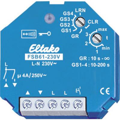 Blaues Eltako Relais FSB61-230V mit Schraubklemmen, Tasten für LRN und CLR, sowie Einstellknöpfe für Zeit und Modus.