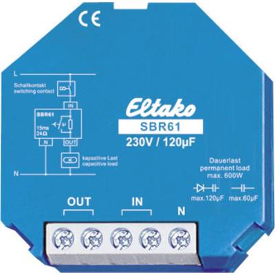 Ein blaues Gerät mit der Aufschrift 'Eltako SBR61', das für 230V und 120µF ausgelegt ist. Es zeigt Anschlussdiagramme für Elektriker.