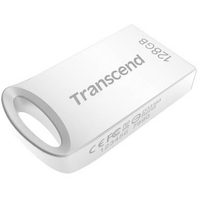 Ein weißer USB-Stick mit der Aufschrift 'Transcend' und einer Speicherkapazität von 128 GB. Ein Ring am Ende erleichtert das Halten.