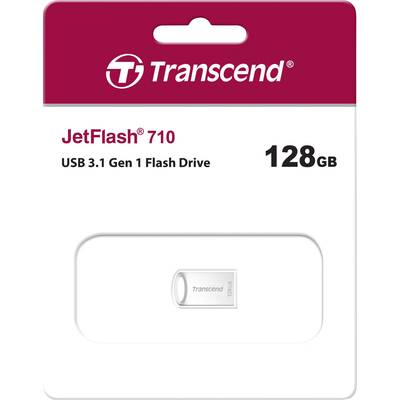 'Transcend JetFlash 710' USB-Stick in Verpackung, 128 GB Speicher, USB 3.1 Gen 1 kompatibel, roter Hintergrund mit weißem Text.
